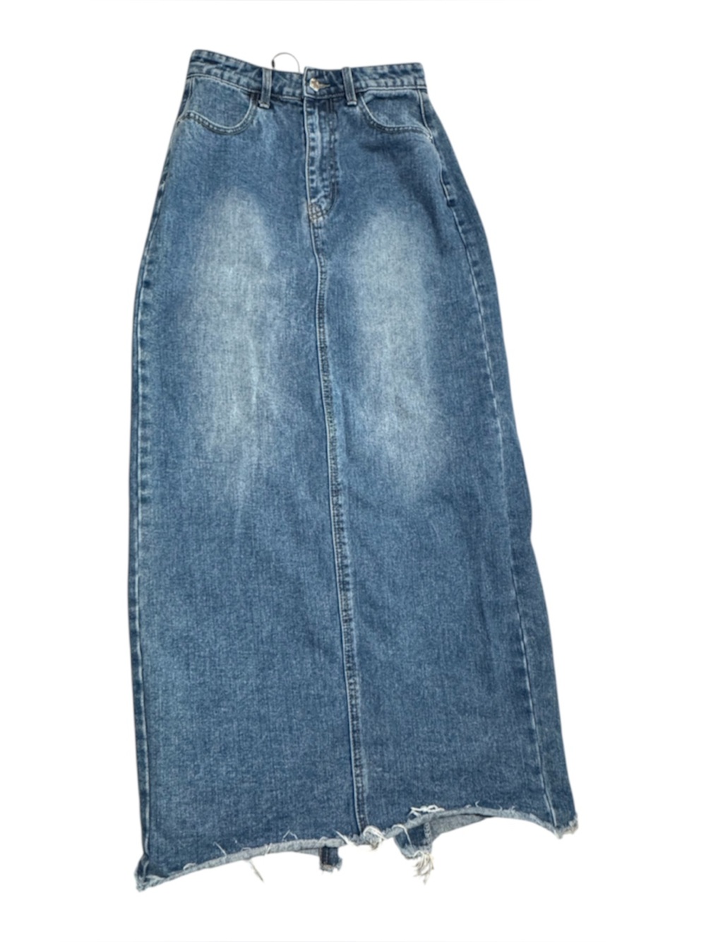 PrettyLittleThing Raw Hem High Waist Denim Maxi Skirt Wash Blue US 4